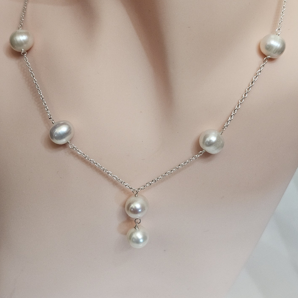 Genuine Freshwater Pearl Station Necklace Sterling Silver 20"